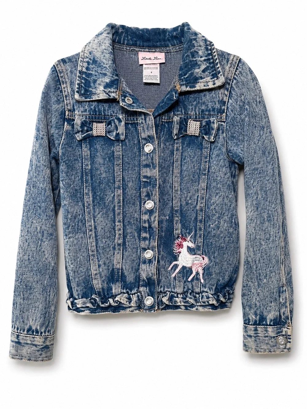 Little Lass Girls Denim Jacket Size 6 Blue Acid Wash Unicorn Ruffle Button Front